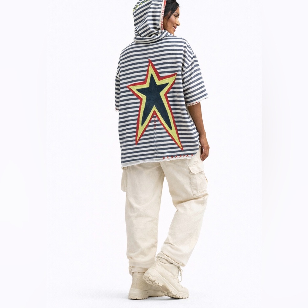 Oversized Organic Cotton Hooded Top, Star Appliqué Striped Boho Unisex Hoodie - Picture 9 of 14